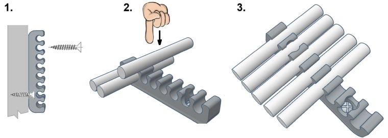 Držák Ethenet kabelů UTP i HTP montáž na rovnou plochu až pro 8 kabelů