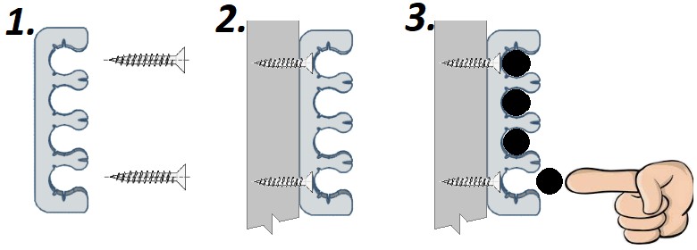 Nástěnný držák CYKY kabelů 3x2,5 pro snadnou a organizovanou montáž až 4 kabelů na povrch.