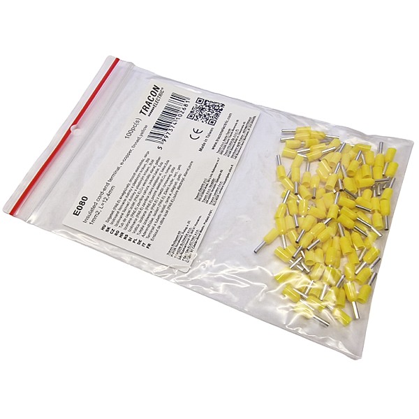 Tracon E080 Izolované lisovací dutinky s plastovým krčkem, žluté 1mm2, L=12,4mm