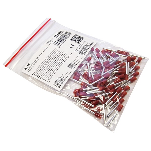 Tracon E115 Izolované lisovací dutinky s plastovým krčkem, červené 1,5mm2, L=25mm