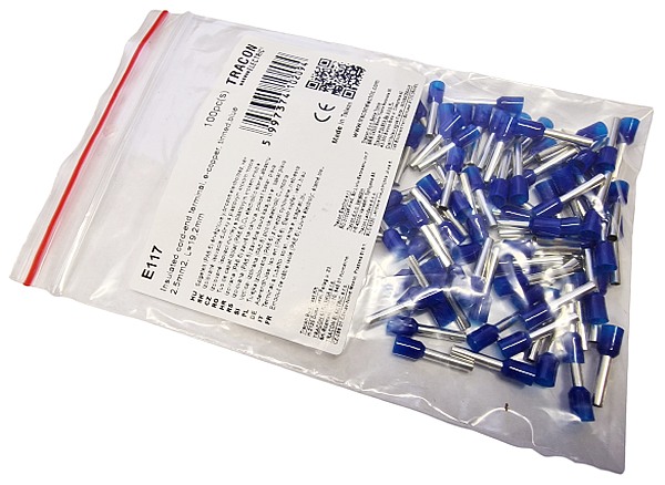 Tracon E117 Izolované lisovací dutinky s plastovým krčkem, modré 2,5mm2, L=19,2mm