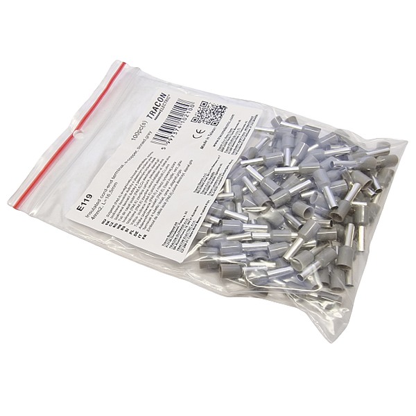 Tracon E119 Izolované lisovací dutinky s plastovým krčkem, šedé 4mm2, L=16,5mm