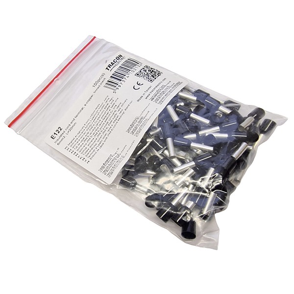 Tracon E122 Izolované lisovací dutinky s plastovým krčkem, černé 6mm2, L=20mm