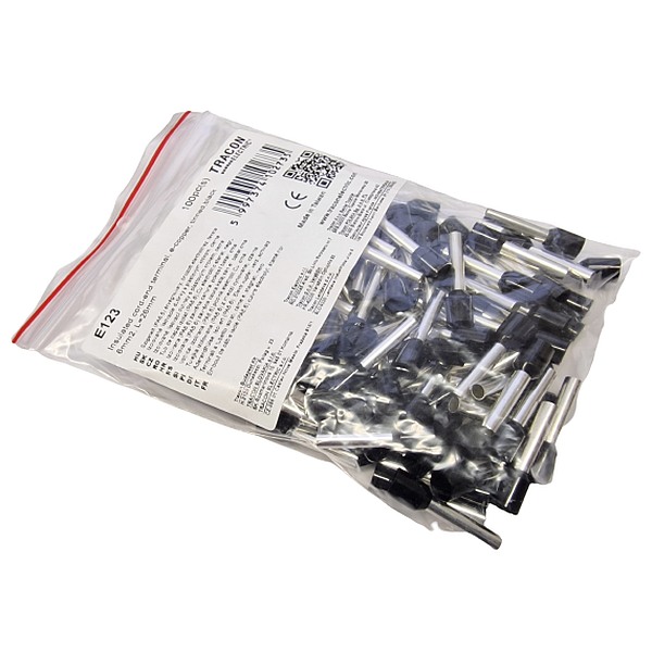 Tracon E123 Izolované lisovací dutinky s plastovým krčkem, černé 6mm2, L=26mm