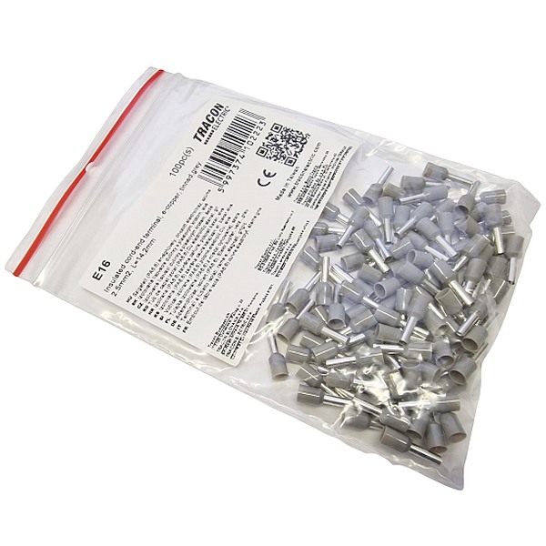 Tracon E16 Izolované lisovací dutinky s plastovým krčkem, šedé 2,5mm2, L=14,2mm