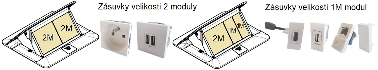 Rozložení modulů ve výklopné krabici POPUP Legrand do stolu