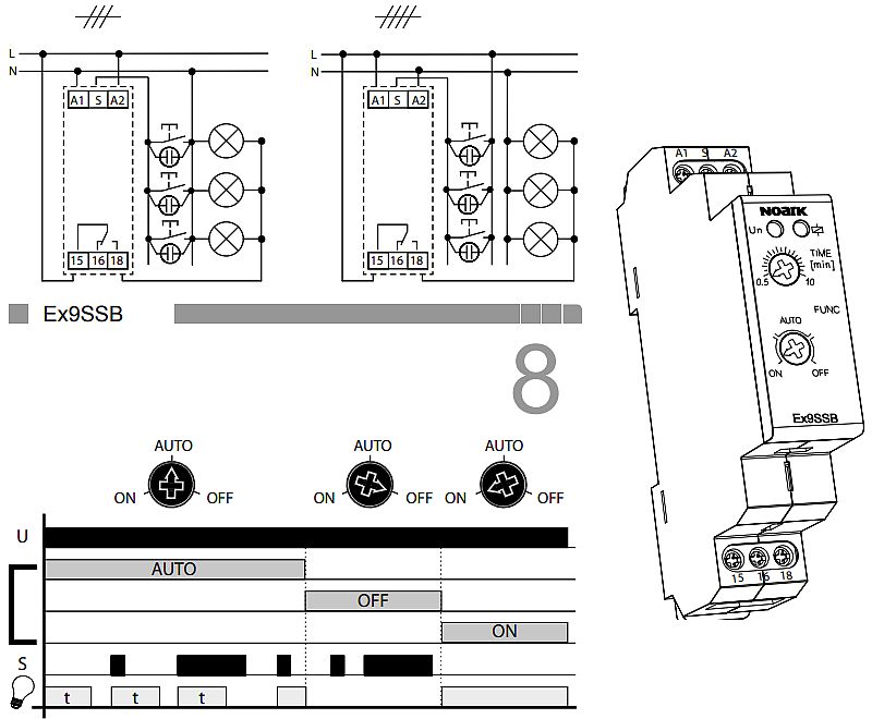 Noark 110558 Ex9SSB 230V Instalační schodišťový spínač, základní funkce, 230V