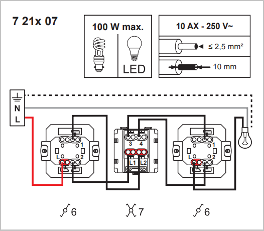 Zapojení LEGRAND 721107 SUNO křížový přepínač č.7, bílá