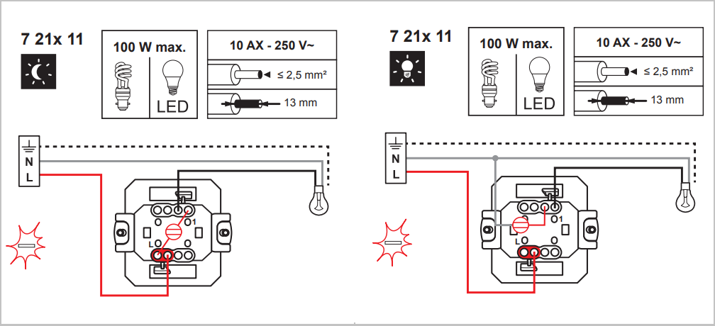 Zapojení LEGRAND 721111 SUNO spínač č.1 se signalizačním podsvětlením, bílá