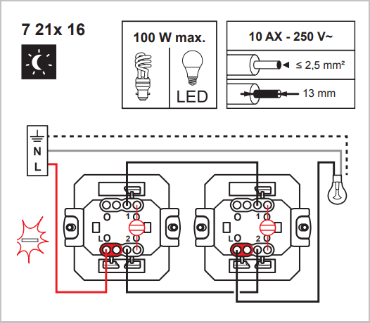 Zapojení LEGRAND 721116 SUNO střídavý spínač č.6 se signalizačním podsvětlením