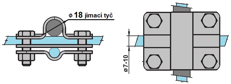 Svorka k jímači tyčí TREMIS V055 - Připojení kruhového vodiče k jímací tyči. Varianta SJ 1 je určena pro jímací tyč ø 18 mm.