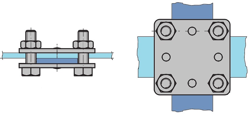 Svorka TREMIS V110 - Křížové a souběžné spojení zemnící pásky. Provedení SR 2b je určena pro pásku 30 x 4 (3,5) mm.