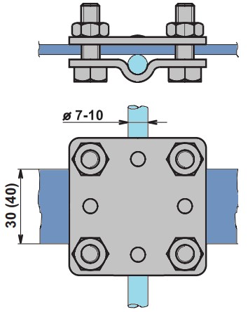 Svorka TREMIS V120 - Křížové a souběžné spojení zemnící pásky a kruhového vodiče.