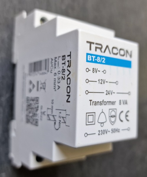 Tracon BT-8/2 Modulární zvonkový transformátorr, 230V / 8-12-24V AC