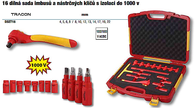 Tracon DSET16 16 je 16 dílná sada imbusů a nástrčných klíčů s izolací do 1000 V pro elektrikáře.