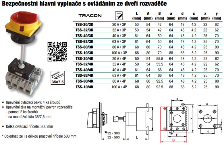 Bezpečnostní hlavní vypínač žluto-červený s ovládáním z dveří rozvaděče Tracon