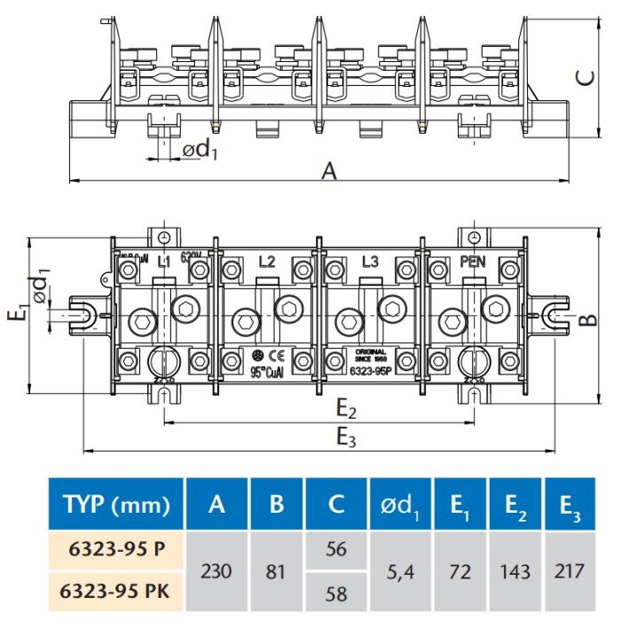 Stoupací svorkovnice s krytem, 4póly, průřez hlavního vodiče 16-95mm2, vedlejšího vodiče 6-16mm2, IP 20