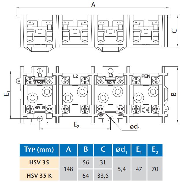 Stoupací svorkovnice SEZ HSV 35 K, průřez hlavního vodiče 10-35mm2, vedlejšího vodiče 2,5-6mm2, 4póly, IP 20, s krytem