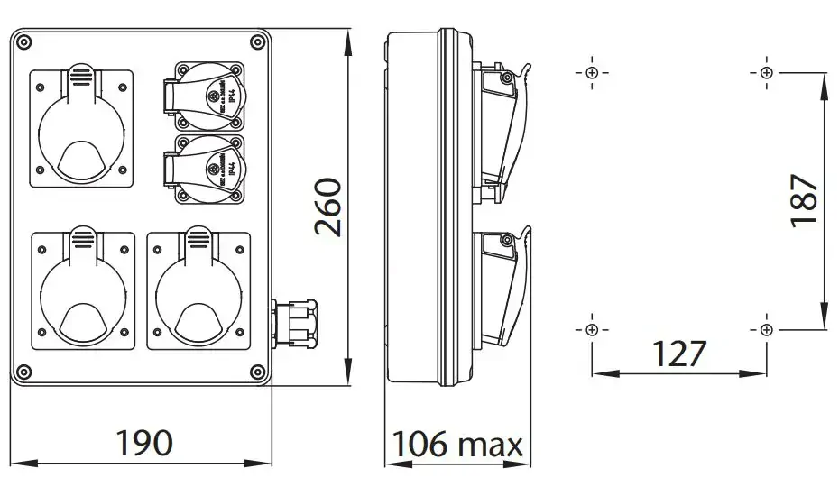 Zásuvková rozvodnice ROS 1604 2x1643+4x230V s držákem, IP44