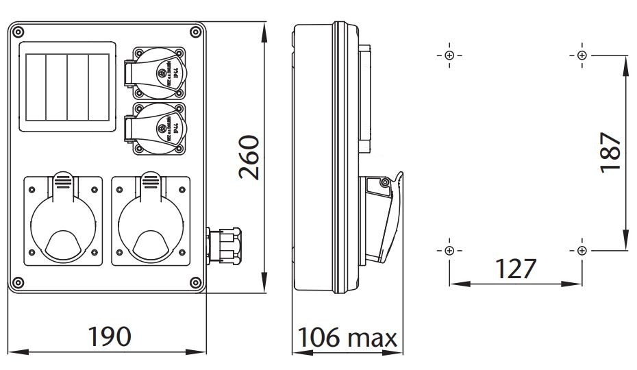 Zásuvková rozvodnice ROS-I 1602 D 1x3243+1x1643+2x230V jištěná, s držákem, IP44