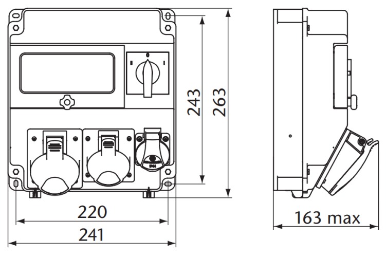 Zásuvková rozvodnice ROS 7/I-42 1x1643+1x3243+1x230V, jištěná, s rezervačním přepínačem, IP54