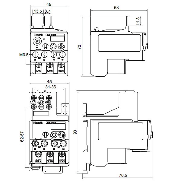 Noark 101369 Ex9R12 10A Nadproudové relé 3pól,10A,lze kombinovat s ministykači Ex9CS