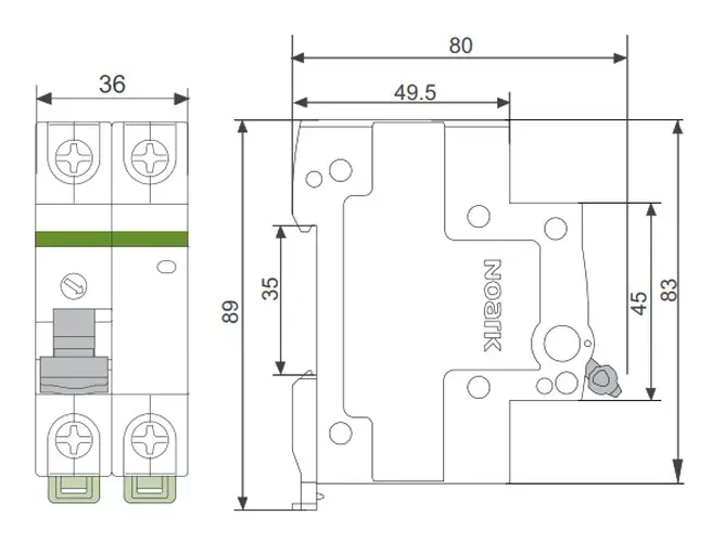 Noark 100872 Ex9I125 2P 100A Instalační vypínač, šířka 2 moduly, 2pól, 100A