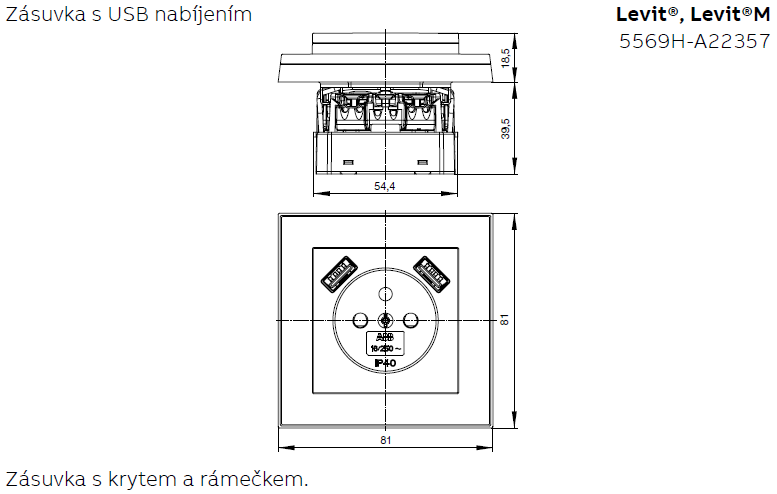 ABB 5569H-A22357 01, LEVIT Zásuvka 1násobná s kolíkem, s clonkami s nabíjením 2x USB bílá/ledová bílá