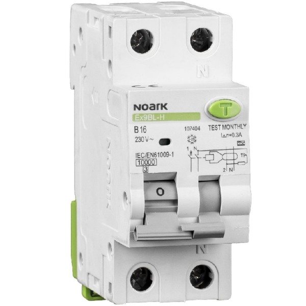 Noark 107384 Ex9BL-H 1P+N B16 30mA Proud. chránič s nadpr. ochr., Icn=10kA, 1+Npól, char. B, In=16A, IΔn=30mA, typ AC
