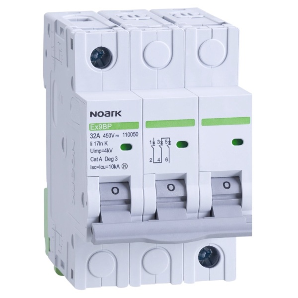 Noark 110046 Ex9BP 3P DC450V K10 DC instalační jistič 10 kA pro PV aplikace, charakteristika K, 10 A, 450 V DC, šířka 3TE