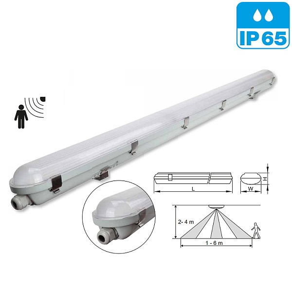 Tracon LVH1524M Prachotěsné LED svítidlo, snímač pohybu 230VAC, 24W, 3600lm, 4000K, 1-8m,10s-12m, IP65, IK08, EEI=D