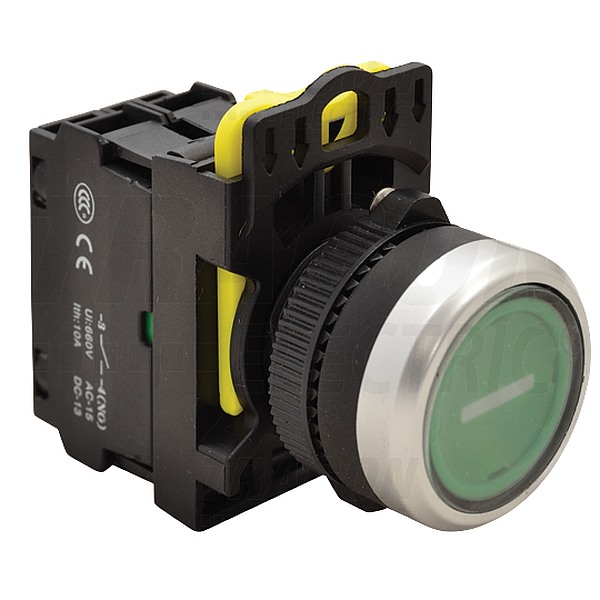 Tracon NYG3-P1L Tlačítko podsvětlené s popisem zelené ( bílá I ) 1×NO, 5A/230V AC-15, IP65, LED 230V AC/DC
