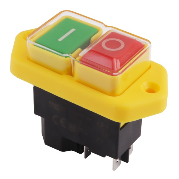Tracon SSTM-04 Bezpečnostní tlačítko, miniaturní, upev.šroubováním, žlutý rám 4PIN, 230VAC, 12A/AC3, IP54, 6,3×0,8