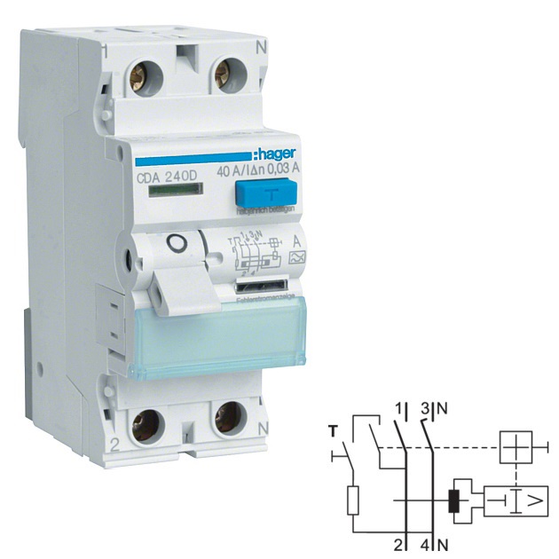 HAGER CDA240D Proudový chránič 2 pól. 40 / 0,03 A, A 6kA