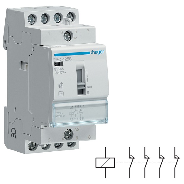 HAGER ERC425S Stykač se sníženou hlučností 25A, 4S, 230V AC