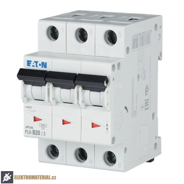 Třífázový jistič Eaton 286590 PL6-B20/3 na DIN lištu