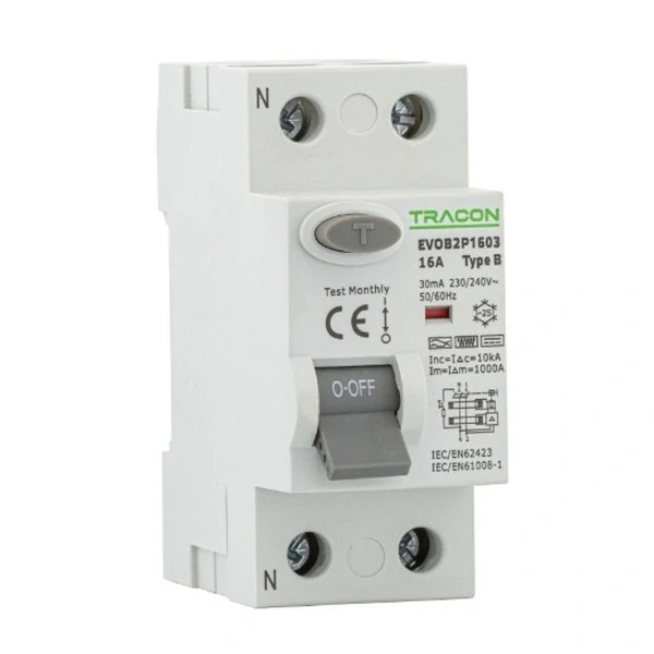 Tracon EVOB2P401 Proudový chránič, 2 pólový, 40A, 100mA, 10kA, B
