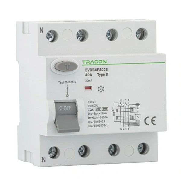 Tracon EVOB4P2503 Proudový chránič, 4 pól, 25A, 30mA, 10kA, B