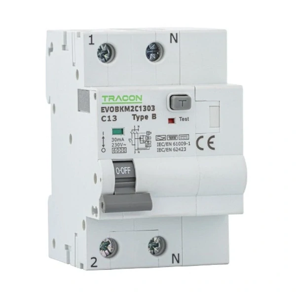 Tracon EVOBKM2C603 Kombinovaný proudový chránič, 3 moduly, Char. C, 2 pól, C6A, 30 mA, 6kA, B