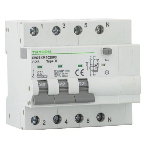 Tracon EVOBKM4B603 Kombinovaný proudový chránič 4P, 5 mod, char. B, B6A, 30 mA, 6kA, B