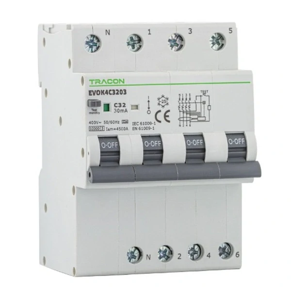 Tracon EVOK4C603 Kombinovaný proudový chránič, 4 moduly, Char. C, 4 pól, C6A, 30 mA, 10kA, A