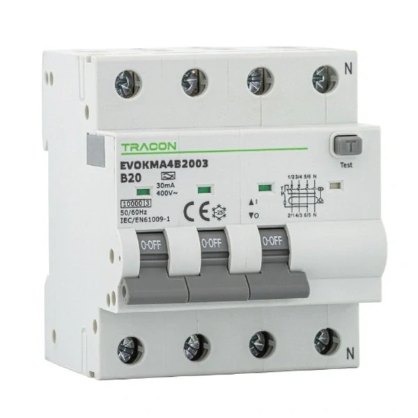 Tracon EVOKMA4D201 Kombinovaný proudový chránič 4P, 4 mod, char. D, D20A, 100 mA, 10kA, A