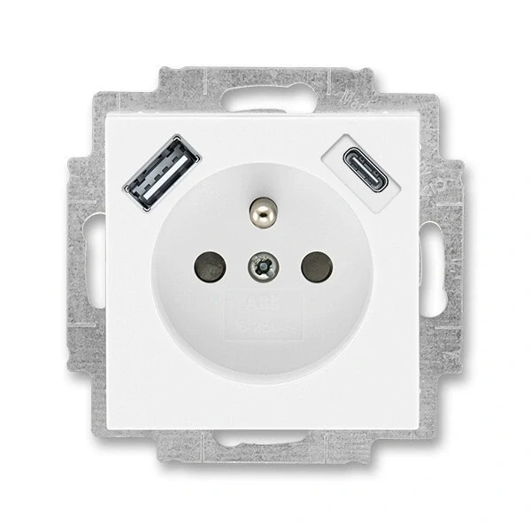 ABB 5569H-A32357 03, LEVIT Zásuvka 1násobná s kolíkem, s clonkami, s nabíjením USB-A, USB-C; bílá/bílá