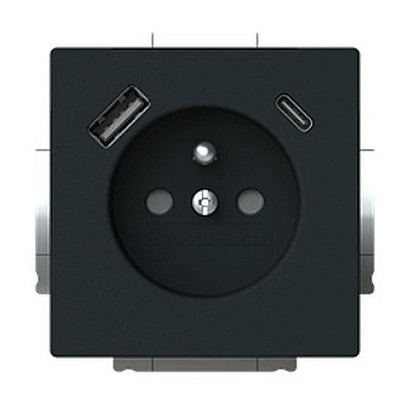 ABB 2CKA002017A1919 FUTURE Zásuvka 1násobná s kolíkem, s clonkami, s nabíjením USB-A, USB-C, mechová černá, 20 MUCB2USB-A-885-500