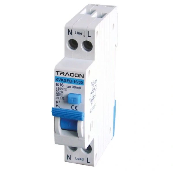 Tracon KVKGEB-25/100 Kombinovaný proudový chránič elektron., 2P, 1 mod., char. B,B25, 100mA, 6kA, typ A, E3