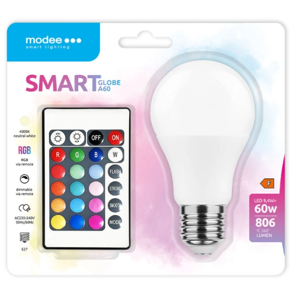 MODEE MSL-G9, 4WE27RGB-R LED žarovka SMART, stmívatelná, RGB, stmívatelná, s dálkovým ovladačem, E27, 9,4W, 806lm, 4000K - matná