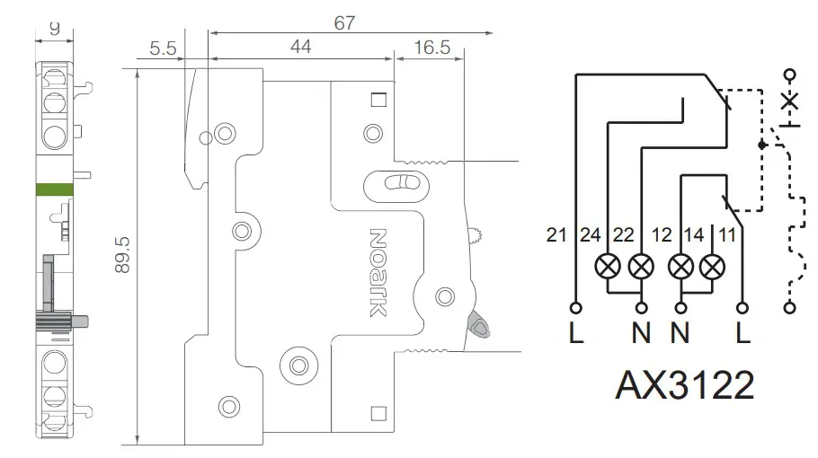 Noark 100542 AX3122 Pomocný kontakt, 2 přepínací