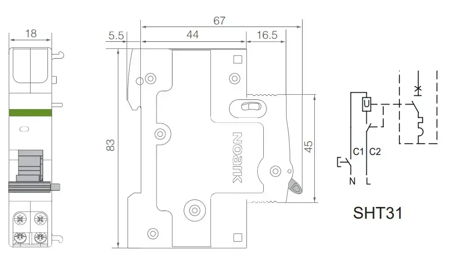 Noark 100544 SHT31 110V-415V AC/110V-130V DC Vypínací spoušť, 110-415 V AC, 110-130 V DC