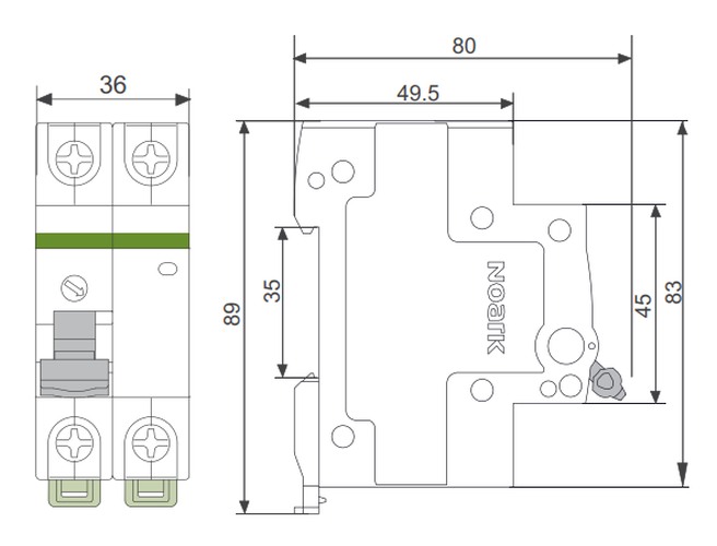 Noark 102306 Ex9I125 2P 16A Instalační vypínač, šířka 2 moduly, 2pól, 16A