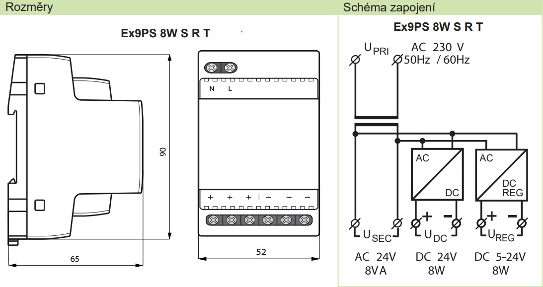 Noark 111727 Ex9PS 8W S R T Napájecí zdroj, 8W, Stabilizované regulovatelné napětí 5-24V DC, S transformátorem pro 24V AC